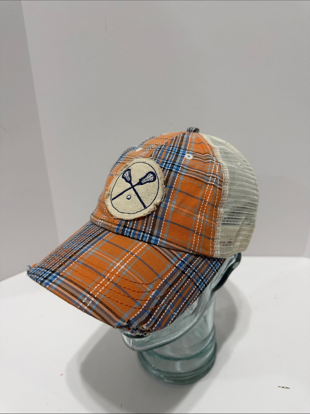 Plaid Orange Baseball Cap with Lacrosse Patch